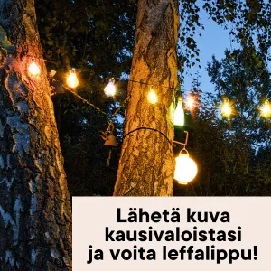 Puihin kiinnitetyt kausivalot valaisemassa pimeää syysiltaa.