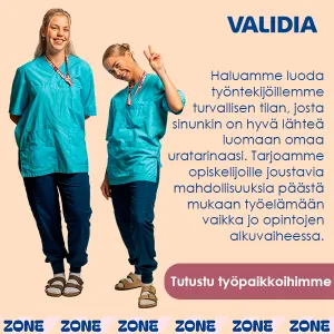 Validian mainos, jossa kaksi hymyilevää hoitajaa.