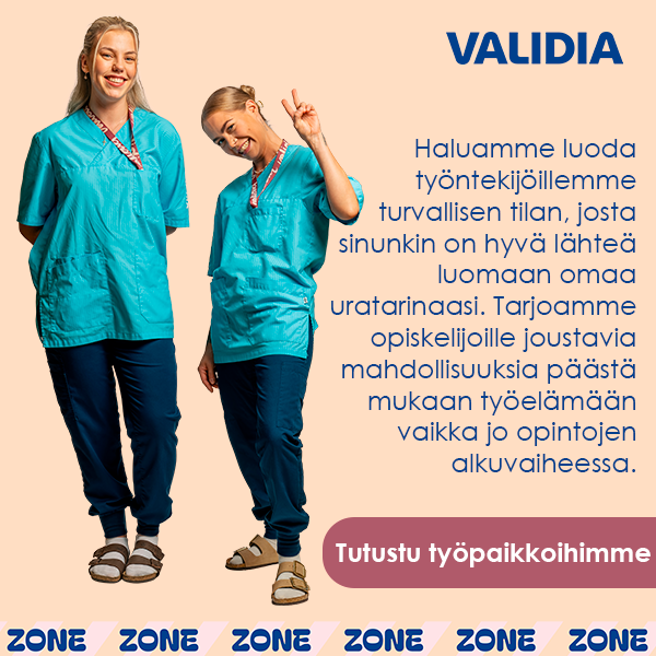 Validian mainos, jossa kaksi hymyilevää hoitajaa.