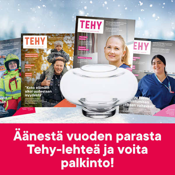 Tehy-lehden kansia ja Marimekon kynttilälyhty.