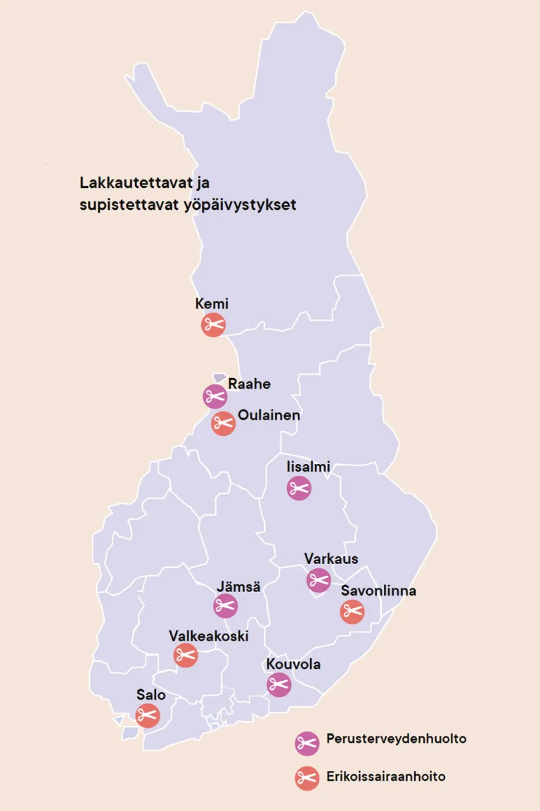 Kartalla piirrettynä lakkautettavat ja supistettavat yöpäivystykset Suomessa.