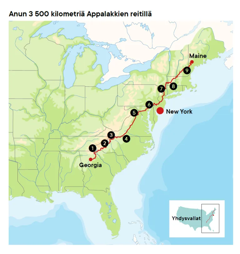 Kartta sairaanhoitaja Anu Rajamäen vaellusreitistä Appalakkien reitillä.